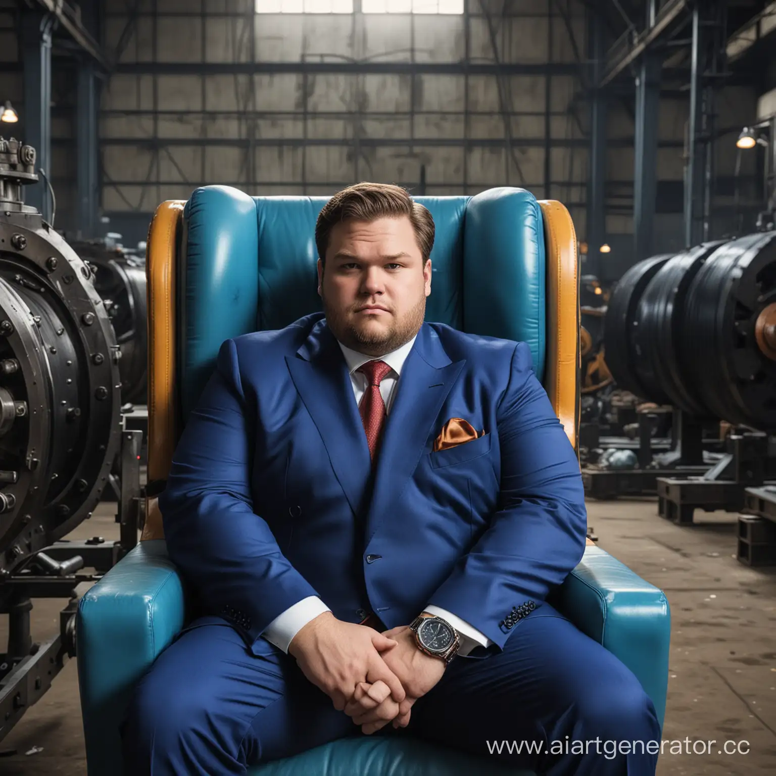 Большой жирный толстый мужик самый любимый и честный криптоинвестор сидит в синем костюме в самом дорогом кресле в мире в самых дорогих часах с самой дорогой прической в мире, посреди старого резино-технического завода.