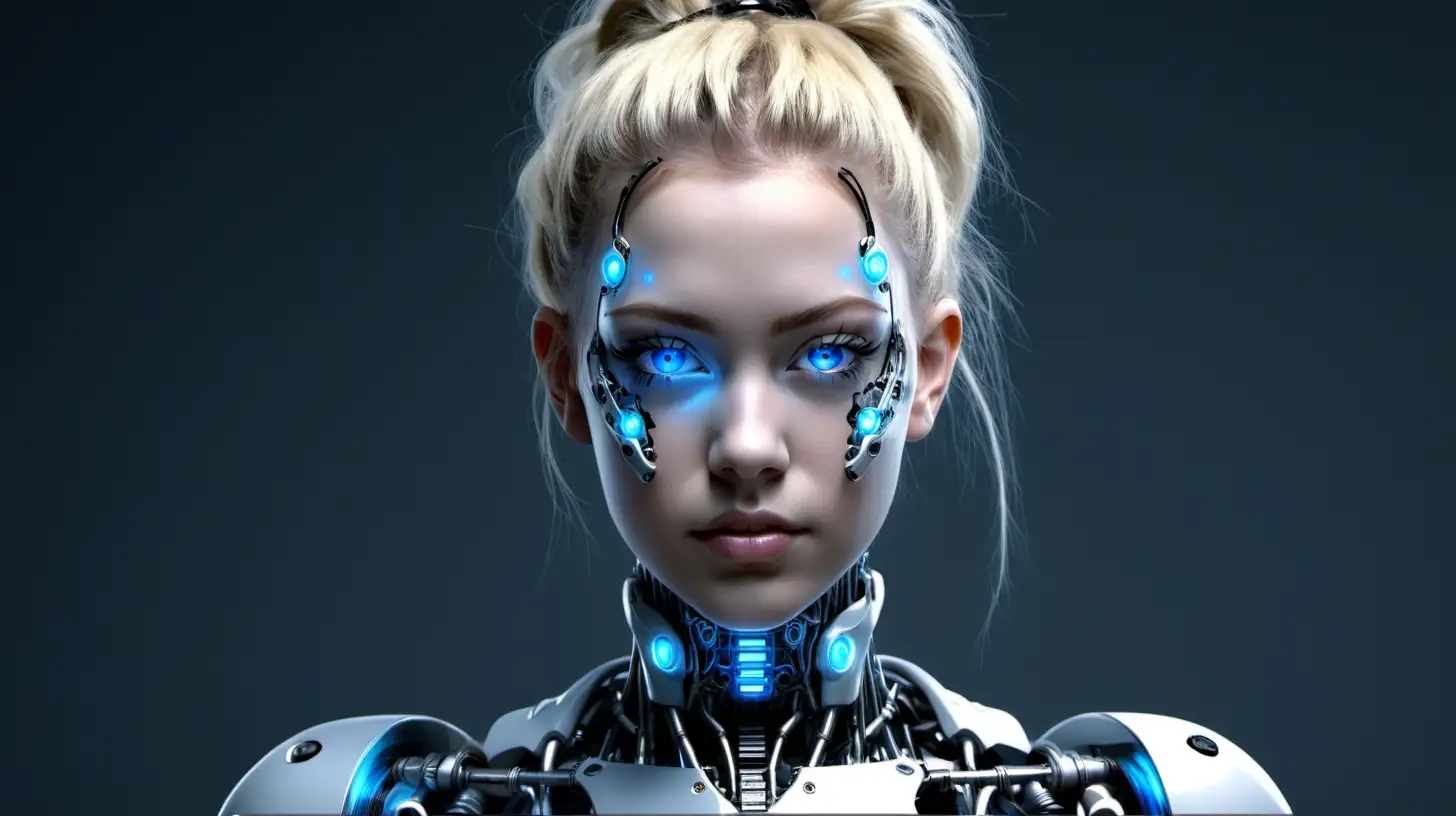 Cyborg woman, 18 years old. She has a cyborg face, but she is extremely beautiful. Blonde. Blue eyes. Hair tied into tiny lines dropping on her shoulders.
--v 6