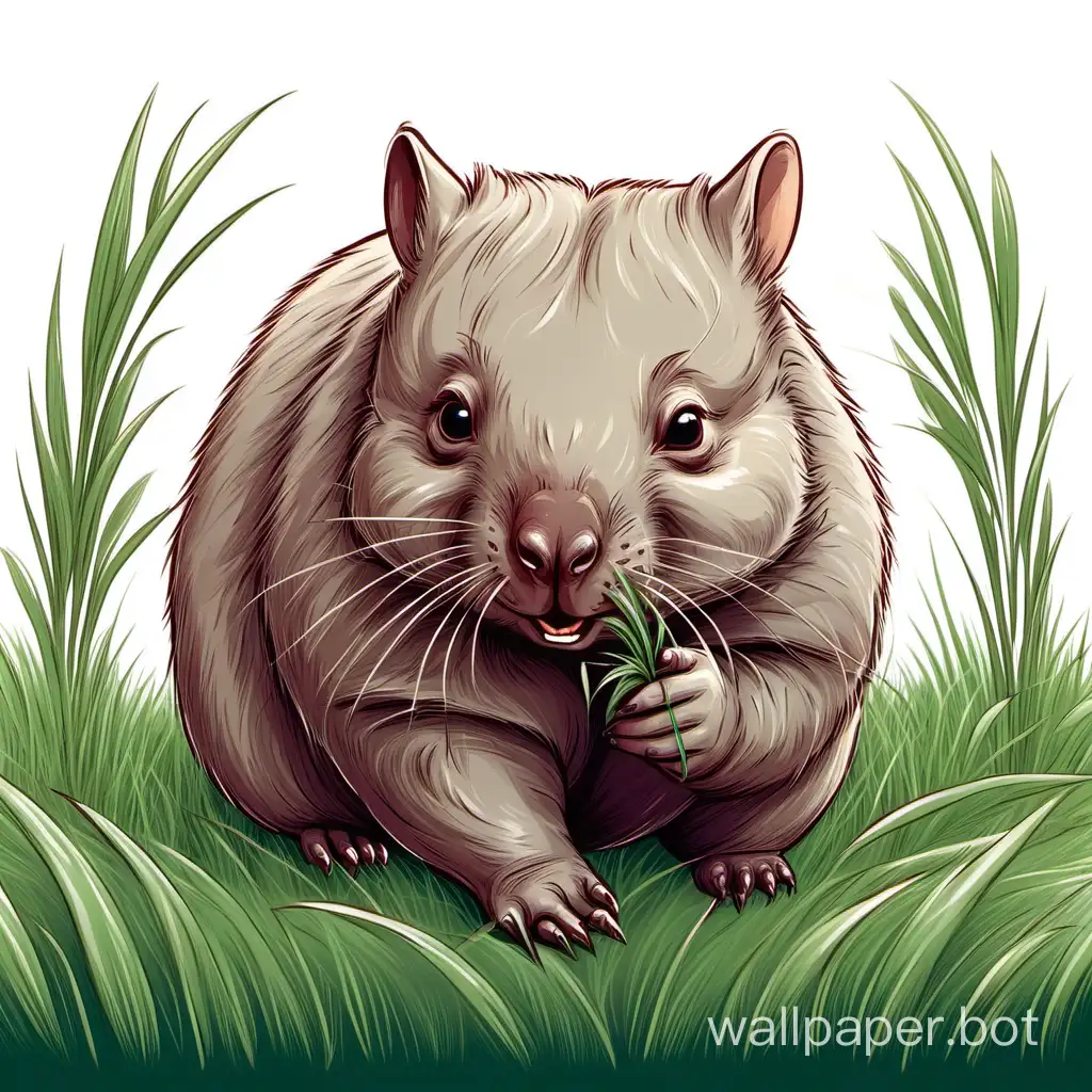an illustration of a cute wombat eating grass