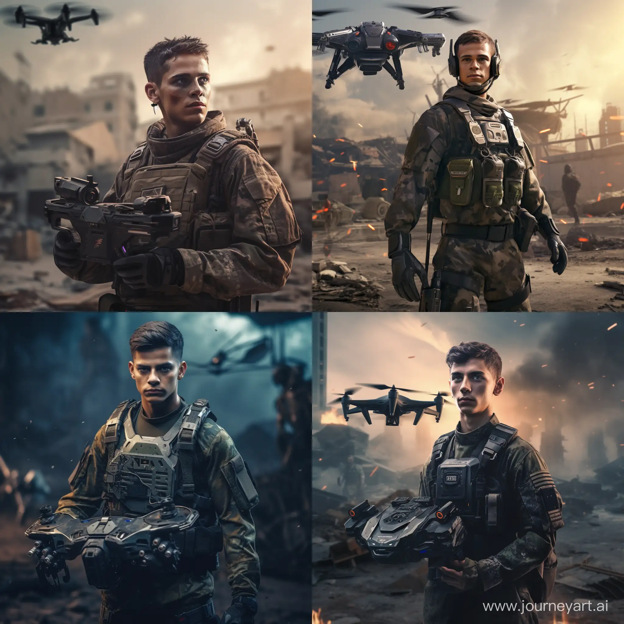 A soldier of the future with a drone in his hand