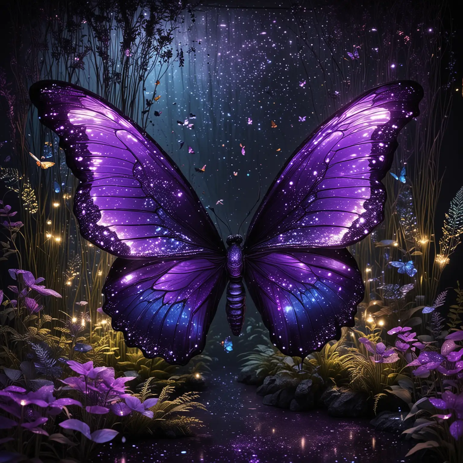 Futuristic Wildlife Oasis. style of a fluttering butterfly garden, blending wildlife sanctuaries with futuristic glowing enhancements, in butterfly wing iridescent and cyber mesh purple and black glowdust