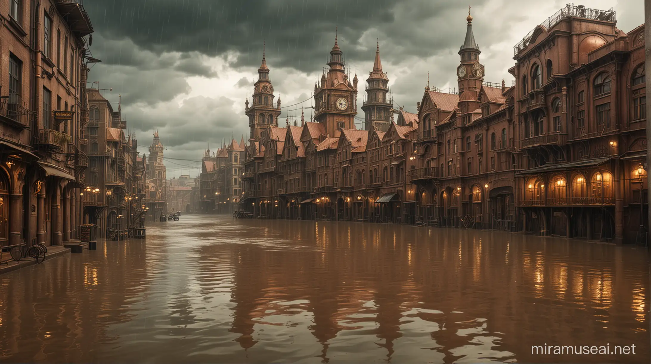 steampunk city under flood. the city is made of copper and gold. rainy and cloudy.