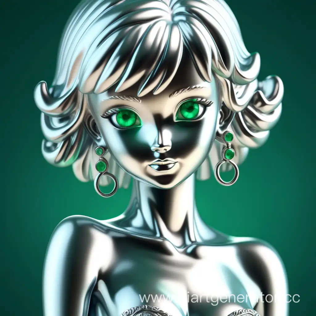 обнаженная серебряная статуя девушки с изумрудными глазами с прической из цельного изумруда. изображение сделать в милой стилистике