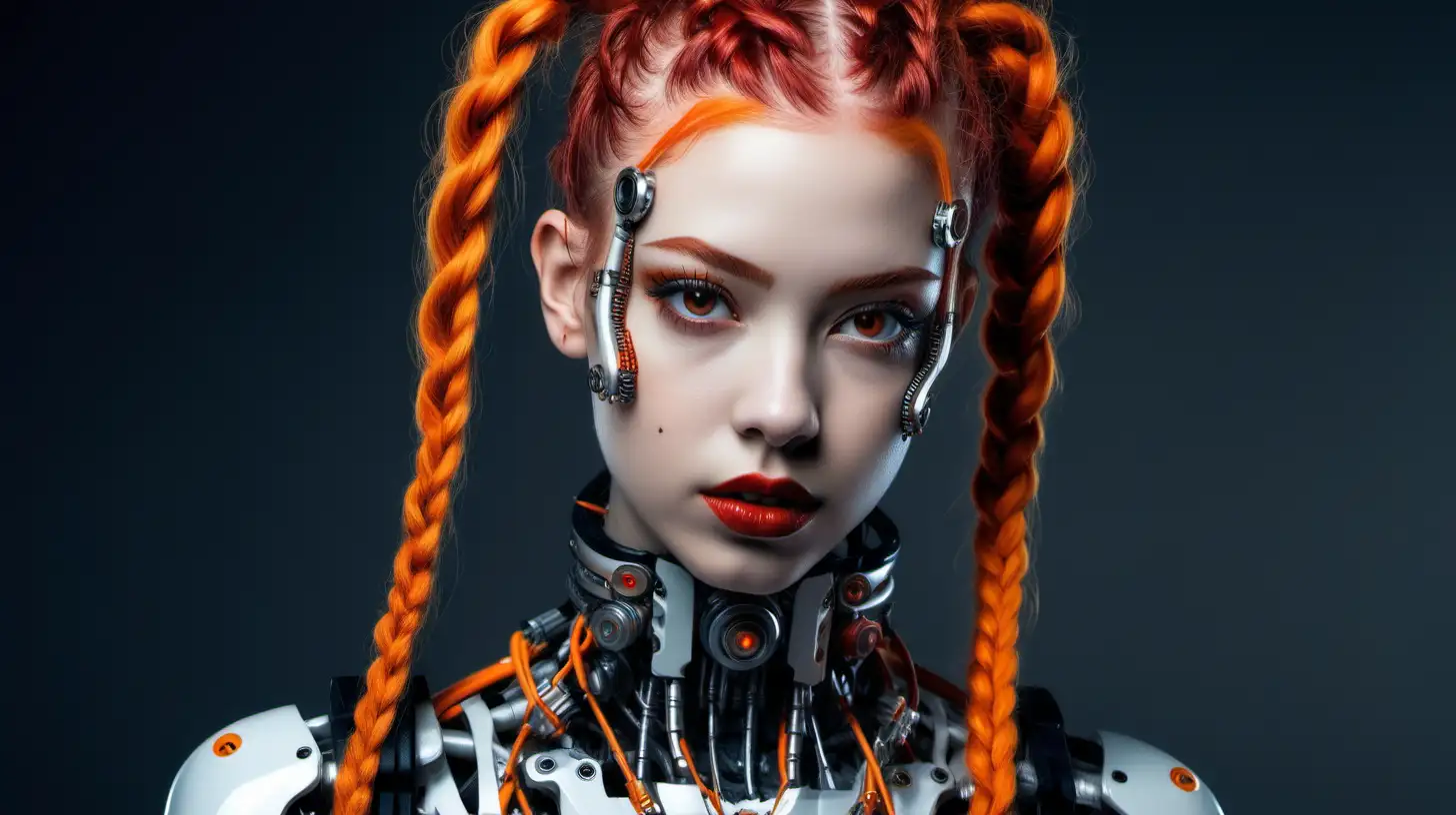 Beautiful 18 years old cyborg woman. She is gorgeous. She has orange braids. She has wild hair. Red lips.