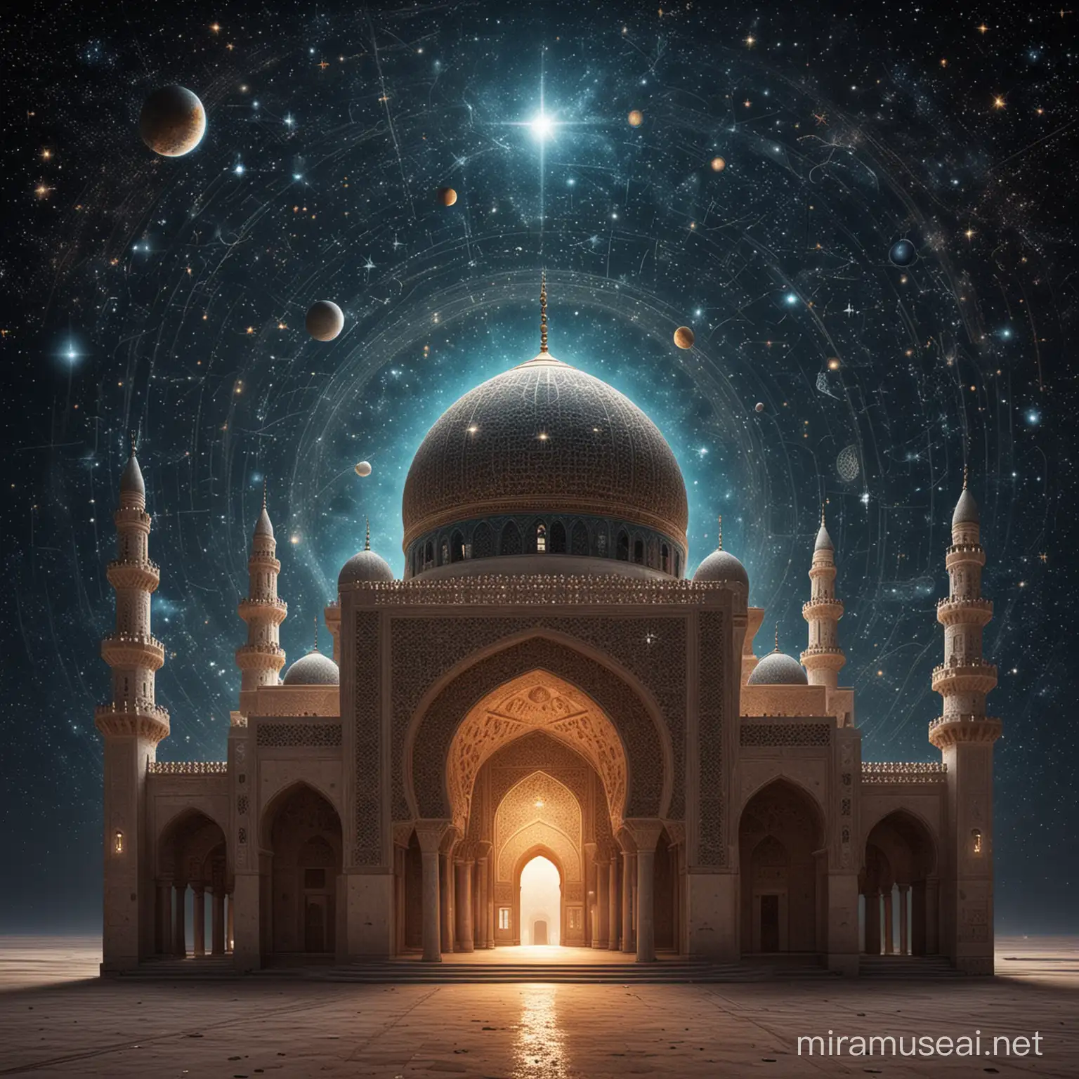 Abstract image of arabic mosque in the form of a starry sky or space, consisting of points, lines, and shapes in the form of planets, stars and the universe