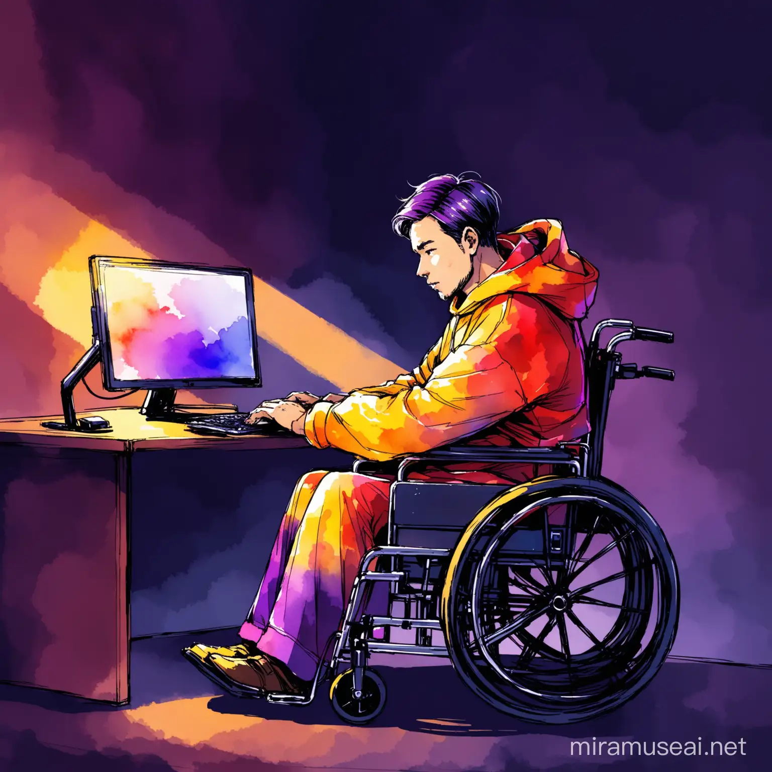 un hombre en silla de ruedas, usando una computadora, en un cuarto oscuro, con ropa color rojo amarillo y morado, con estilo en acuarela