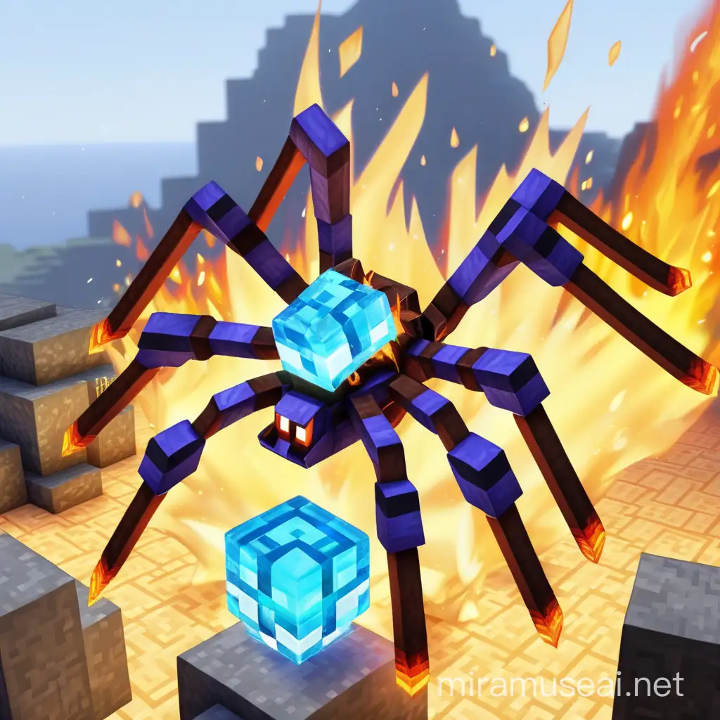 An elemental Spider in minecraft with Fire, Ice, and rocks all around it