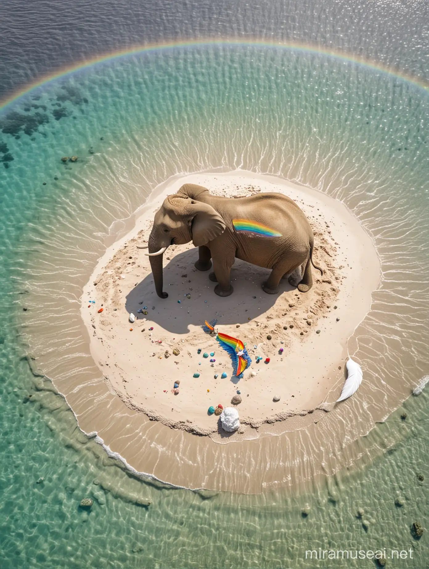 Elephant on Desert Island with Pearl Feather and Rainbow