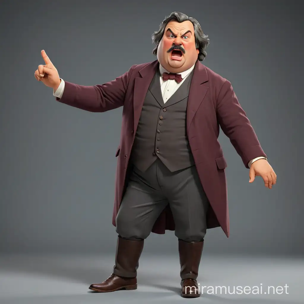 Honoré de Balzac is a French writer standing in an early 19th century suit, shouting and pointing at someone with his index finger. His face is red and he is upset. WE see him full-length, with arms and legs. In the style of realism, 3D animation.