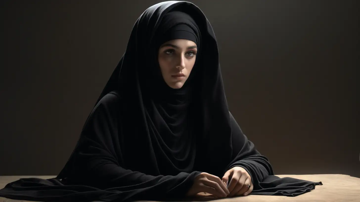 epoque biblique, très belle femme hébreu habillée en noir de la tête aux pieds, tête couverte d'un foulard noir, assise à table, regardant dans le vide