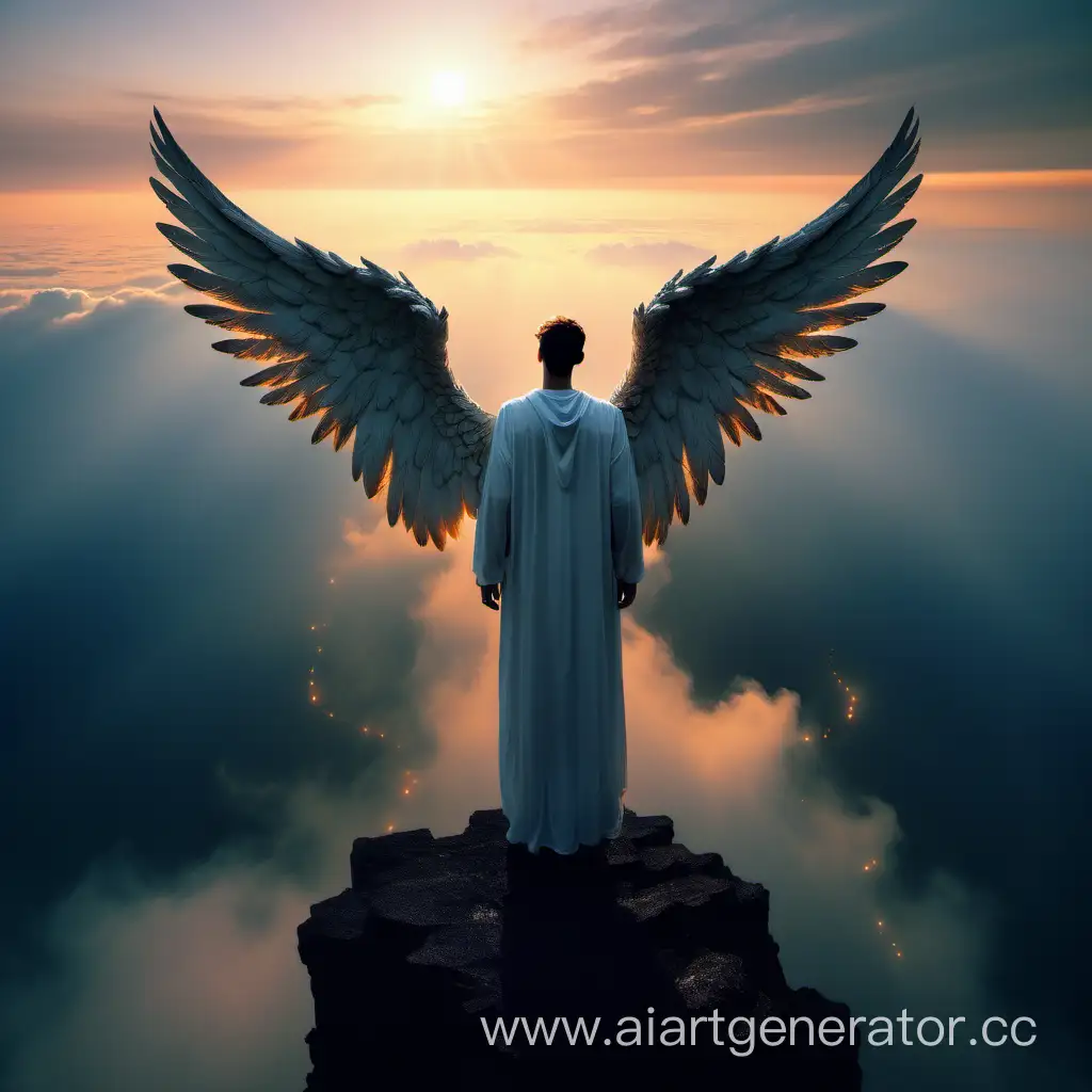Ангел с крыльями стоит на краю пропасти и смотрит вдаль где видит рассвет