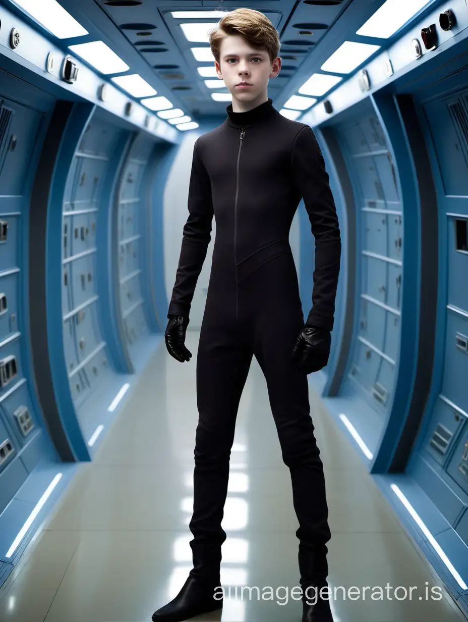 An 15-year-old white male who is very slim. He has brown hair, white skin. He wears a matte black skin-tight jumpsuit. The surface of the jumpsuit is absolutely flat. The material has no closure. High collar with small V-neck. His Hands are free. The face is also free. The figure is wearing ankle-high boots. He stands in a blue spaceship hallway