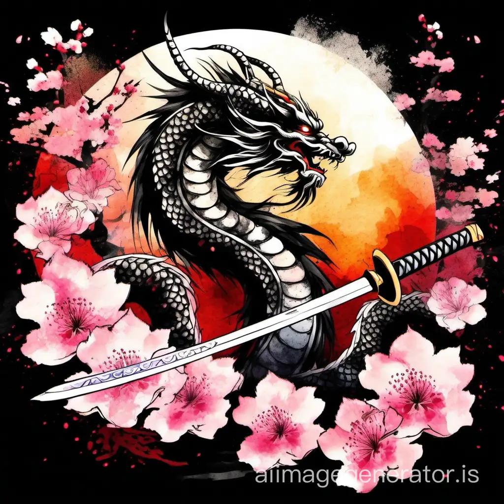 Abstract japanese dragon style katana with sakura flowers around, sumi-e japanese watercolor, color splash style, multicolor palette, black background 