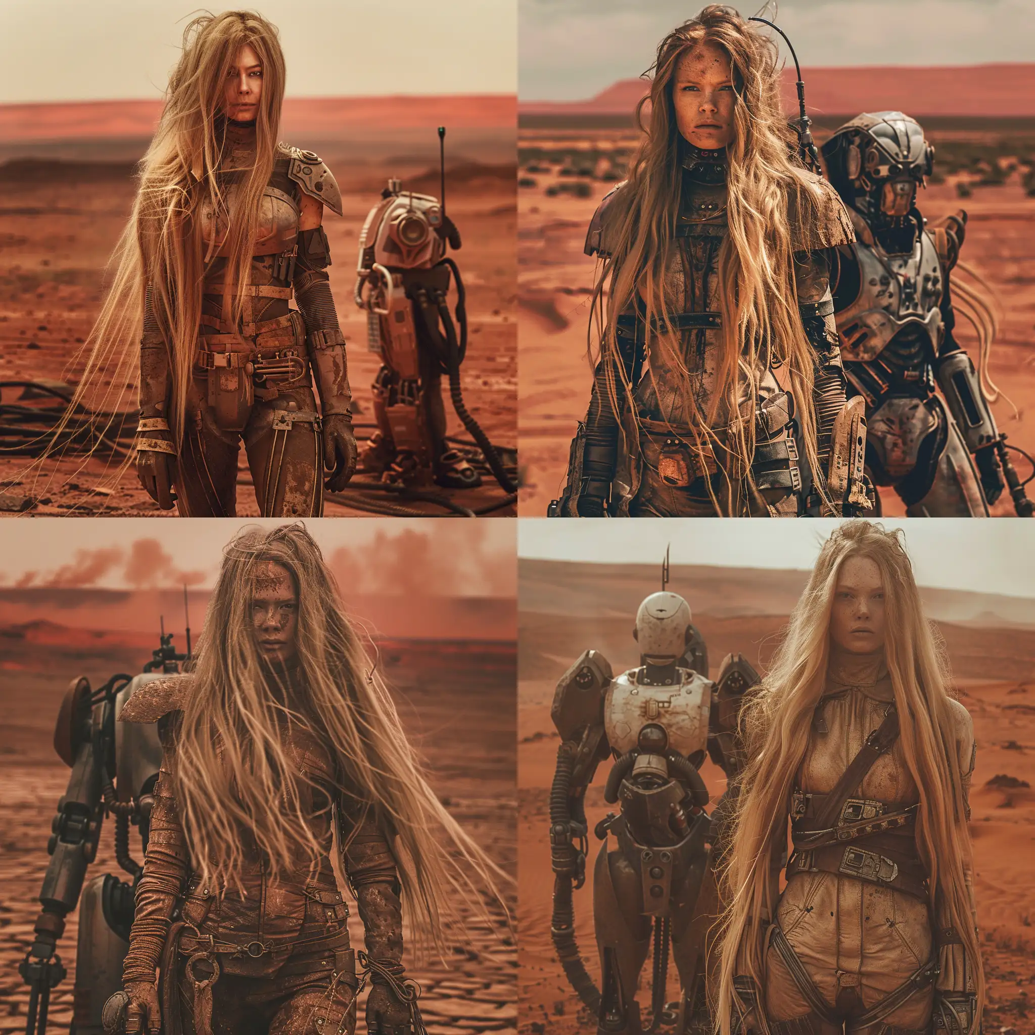 a woman with extra long blonde hair. post apocalyptic. she is dusty and dirty. she wearing in a leather outfit with metal bindings. dusty. the woman is standing in front of the robot, the setting is a barren wasteland behind of a red desert in the far distance. cinematic photo with dramatic lighting, hyper-realistic textures, moody, dark, very detailed, futuristic post-apocalyptic desert, cinematic, HDR, 8k, cinematic shot, professional color grading, volumetric lighting, sharp focus, film grain, high dynamic range, dramatic lighting, realistic textures: