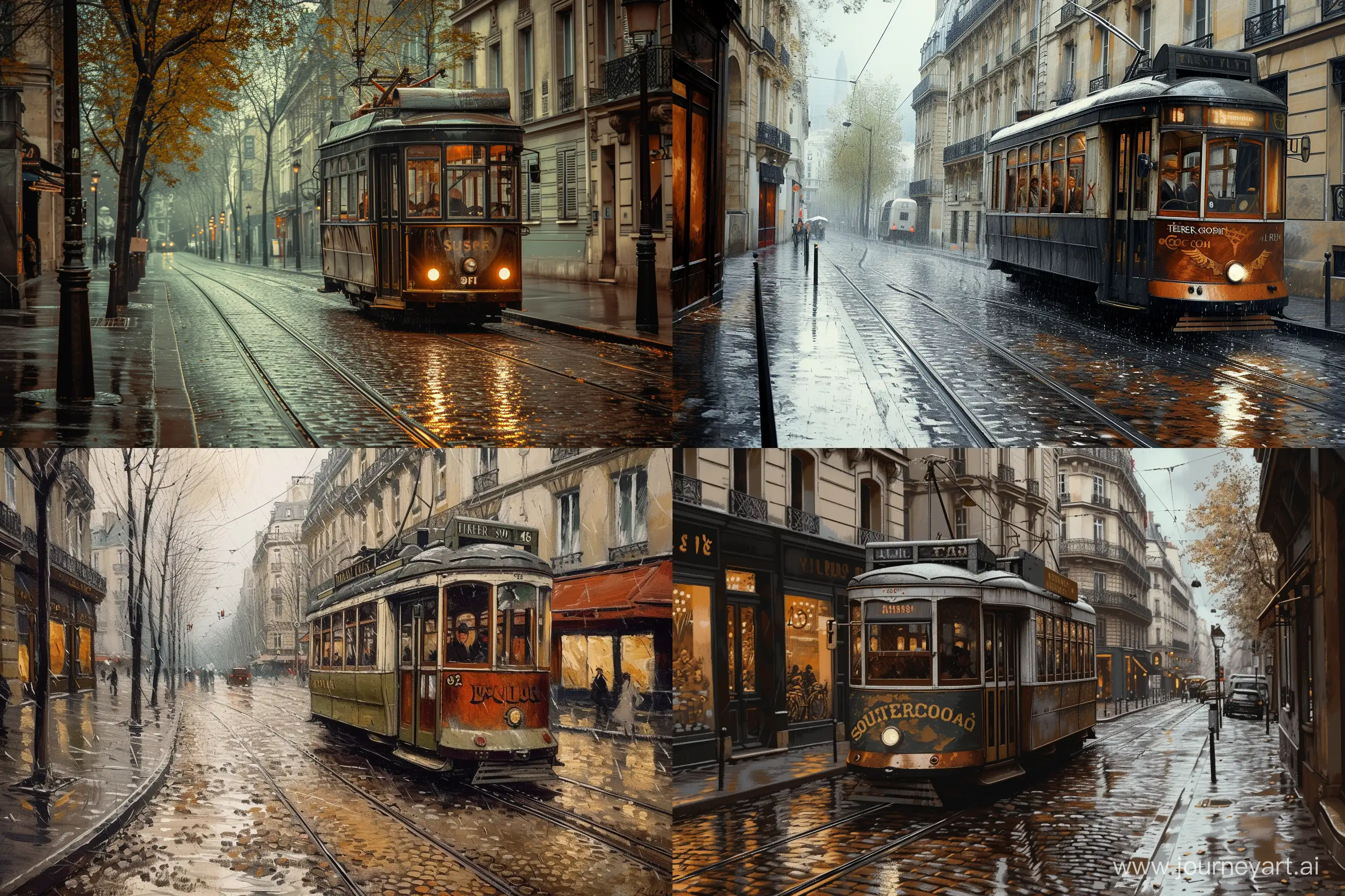 Vintage-Parisian-Tram-in-Rain-Soulacroixinspired-Cobblestone-Scene