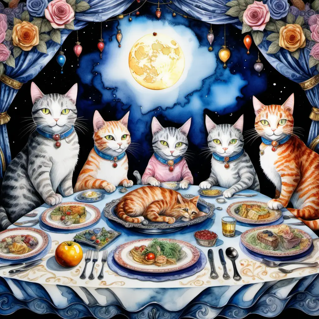Whimsical, watercolor painting, cat family having a dinner party, mixed media, highly embossed foil, crayon encaustic, insanely detailed and intricate, hyper-maximalist, elegant, ornate, hyper-realistic, super detailed, ethereal fantasy, 32K. UHD,