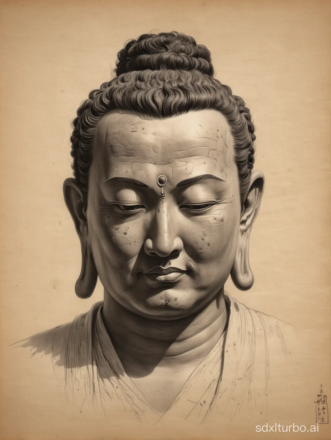 Pencil sketch of Ancient Chinese handsome Buddha,Head sketch by Ilya Repin,Proud, sinister, evil,Big earlobes, Buddha, who looks like a Buddha,Keep eyes open,big back, Qiyi hair,on handmade paper,Martial arts themes,Jin Yong's world view,monochrome,