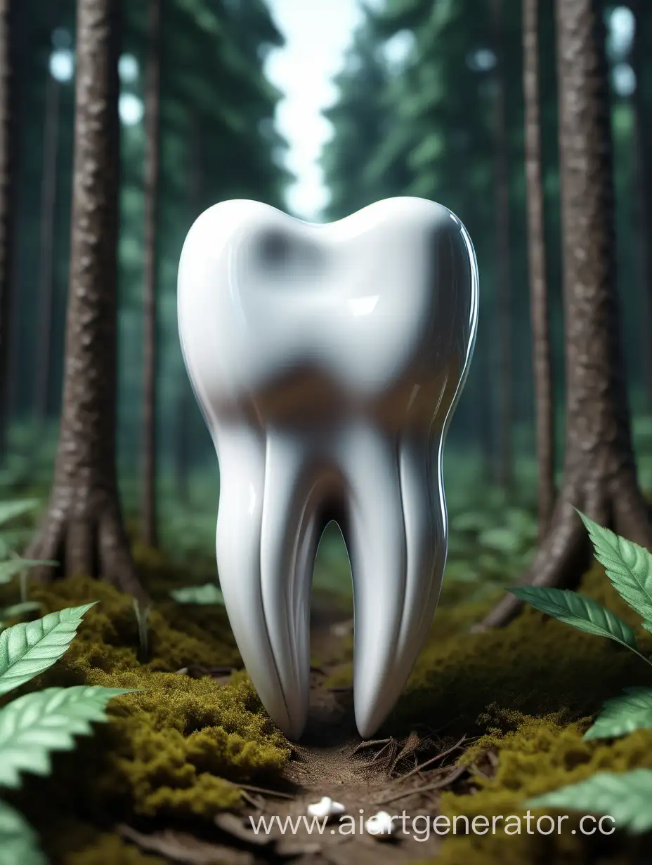 Человеческий зуб 3д стоит посреди леса