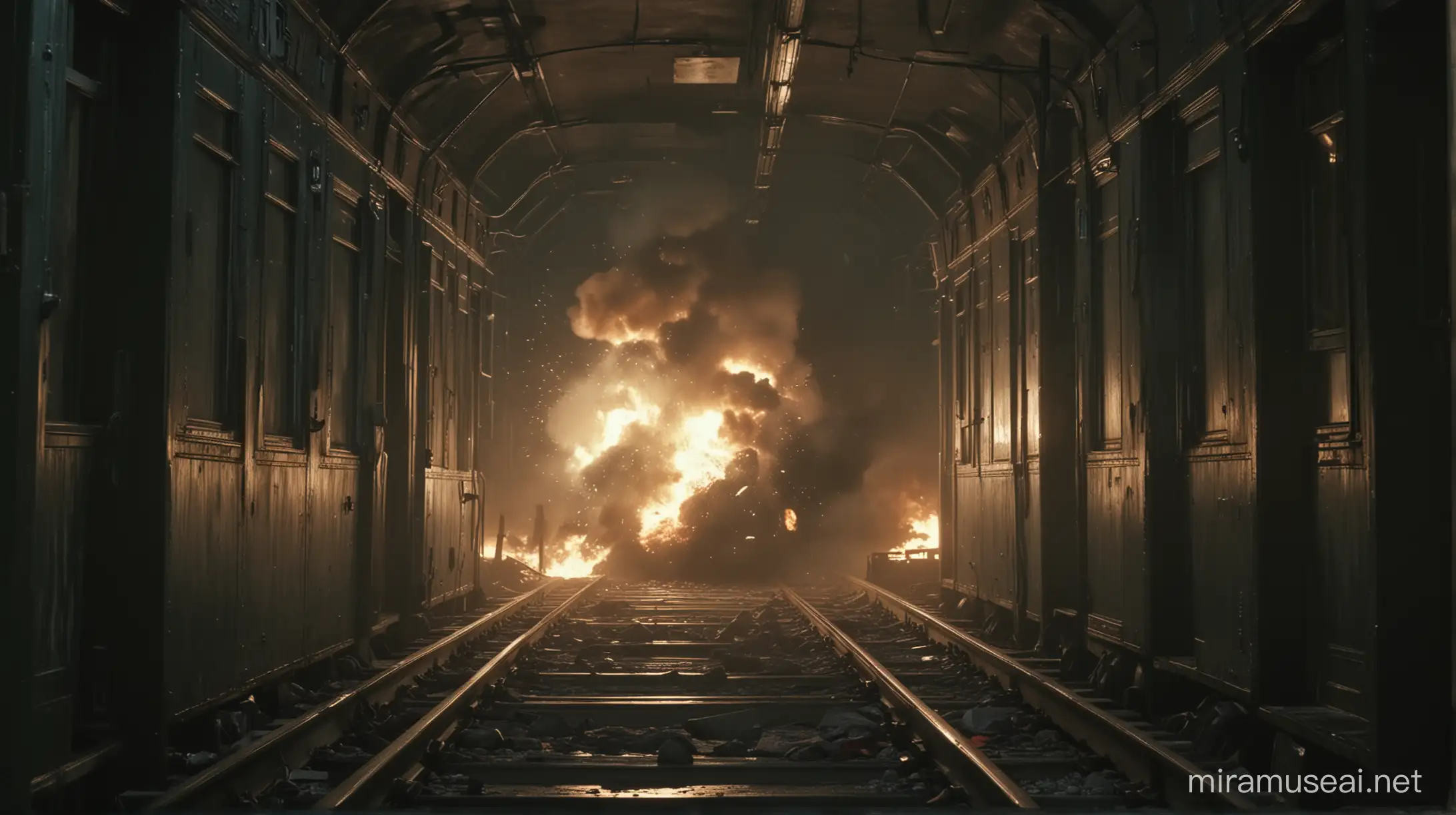 cinematic still, resident evil, train carriage interior, explosion, night