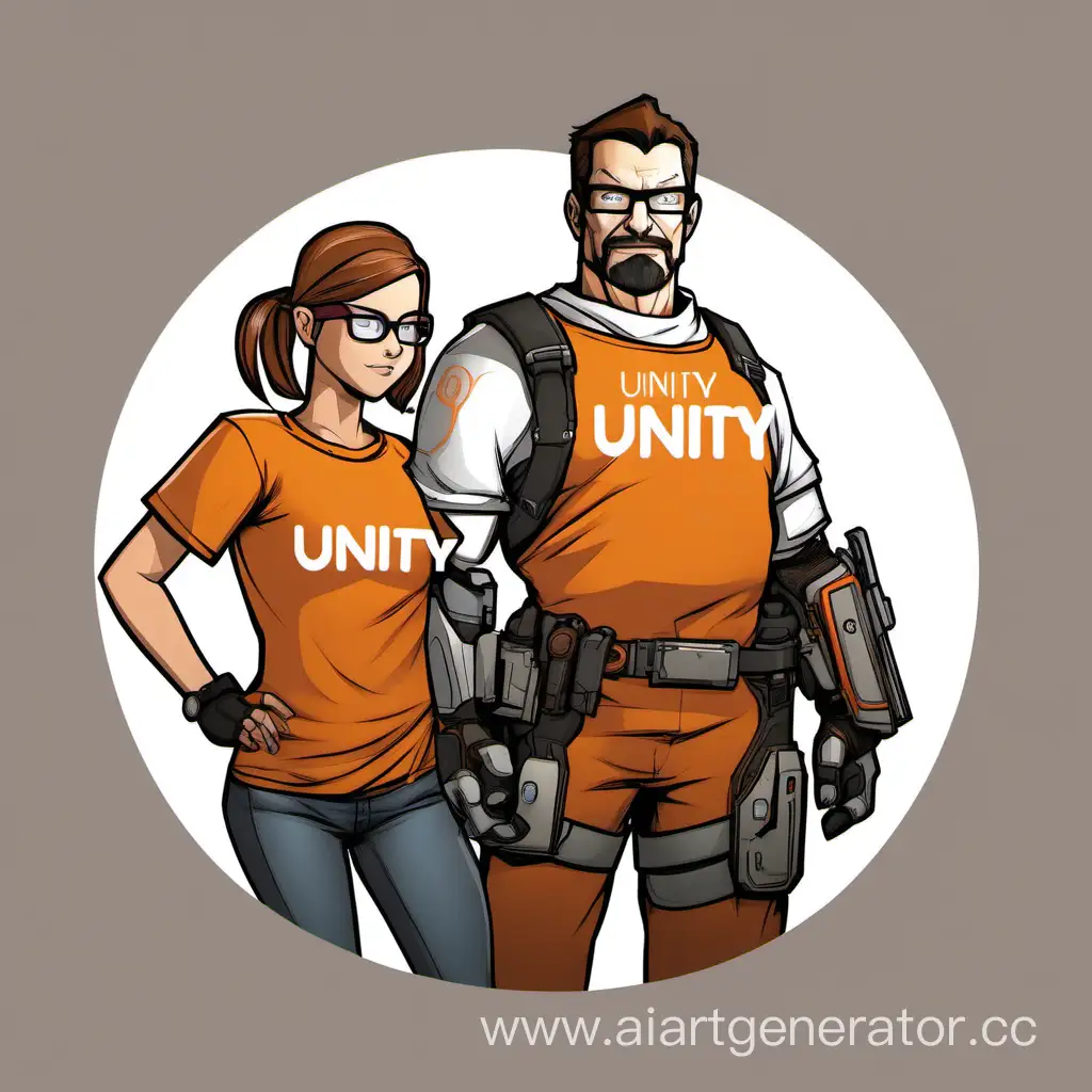 Молодой Гордон Фримен и девушка с большой грудью в футболке с надписью Unity