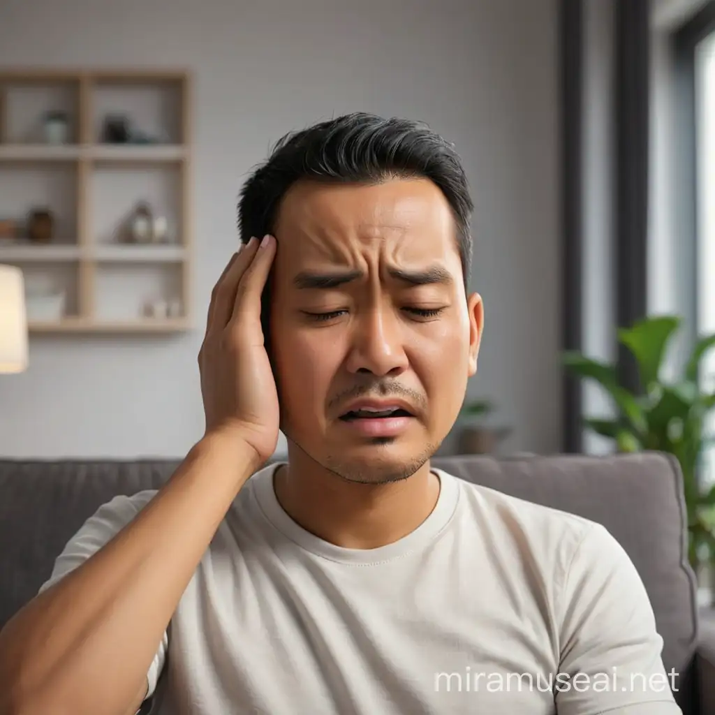 seorang pria indoneisa memegang kepala karena menahan rasa sakit di sofa ruang tamu fhotographic 3D