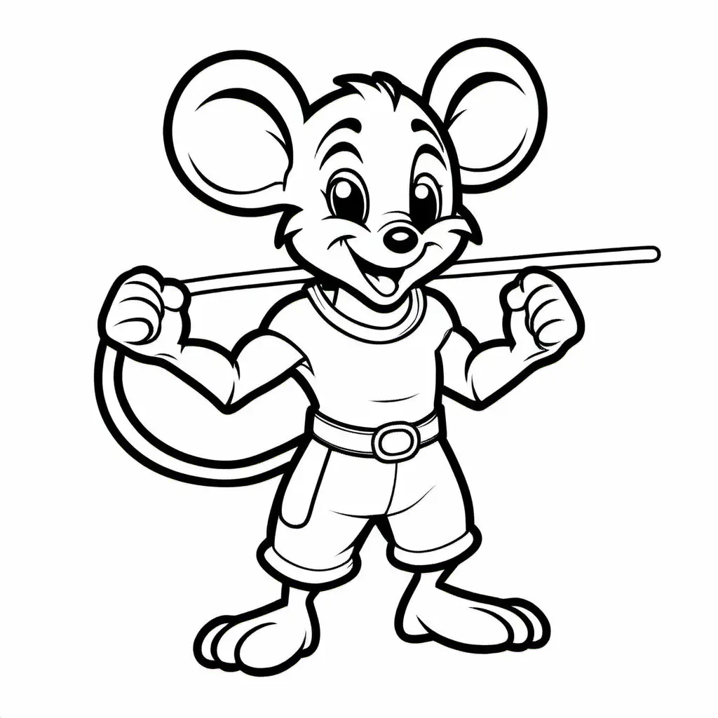 a confident and muscular little mouse in a double arm pose, Coloring Page, black and white, line art, white background, Simplicity, Ample White Space. The background of the coloring page is plain white to make it easy for young children to color within the lines. The outlines of all the subjects are easy to distinguish, making it simple for kids to color without too much difficulty