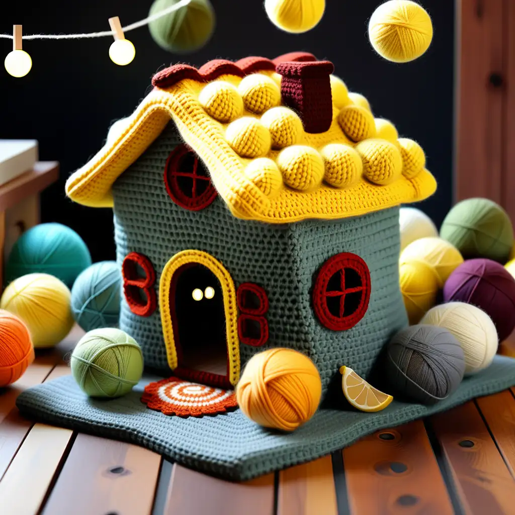 Cozy Crochet Lemon House on Wooden Table Surrounded by Yarn Balls