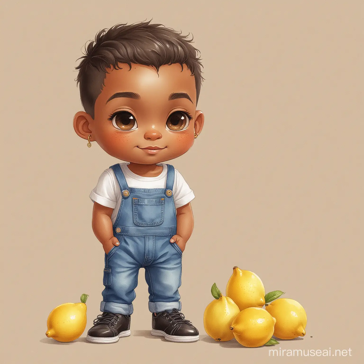 Chibi Cartoon Hispanic Male Friends Holding Lemons in Watercolor Illustration