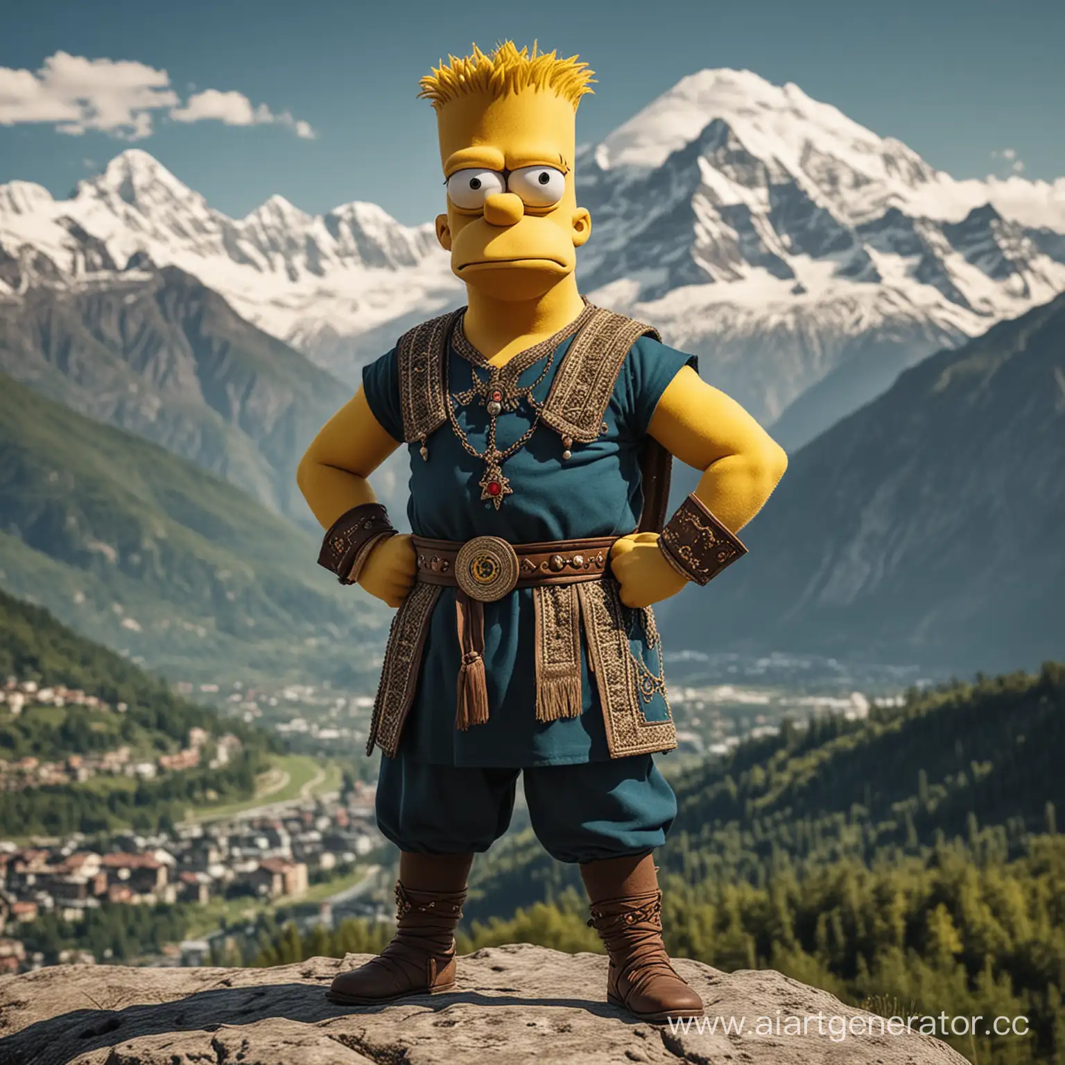Взрослый и накаченный Барт Симпсон в традиционной кавказской Черкеске на фоне гор