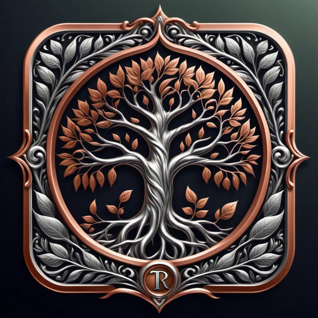 A logo for a company that makes tinctures.  Write the words "Flora Lore" A copper tree with metallic silver leaves.    A double border with ornate decorations inside the borders.  Outside the borders create ornate decorations so that the overall logo shape is a square.