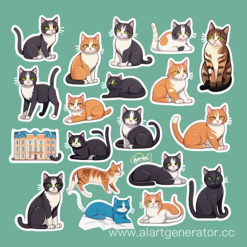 Zelenogradsk-Cityscape-with-Playful-Cats-Sticker-Pack