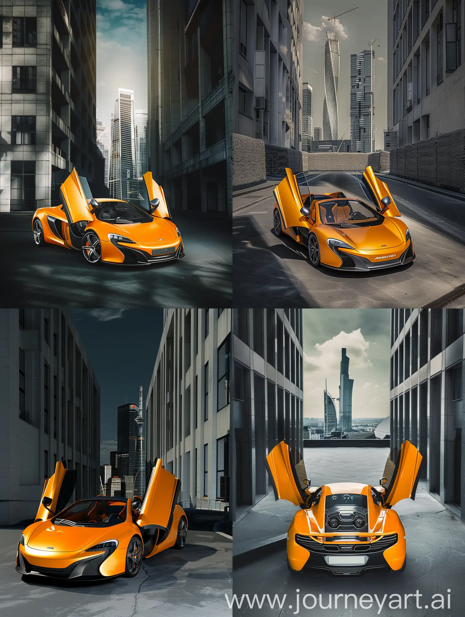 A Mclarn 650s Spider bright orange color of golden, awareness of the doors are opened, in a spot hedged on the sides Two modern modern buildings of the future of ceramics of the same type, shape and color is silver gray and in the background appears a skyscraper, cinematic shot,photo, ultra-realistic, cinematic colors, Dark, Shot from the corner of the car, Swiss corner , pale colors--ar 9:16 --s 0 --style raw --v 6