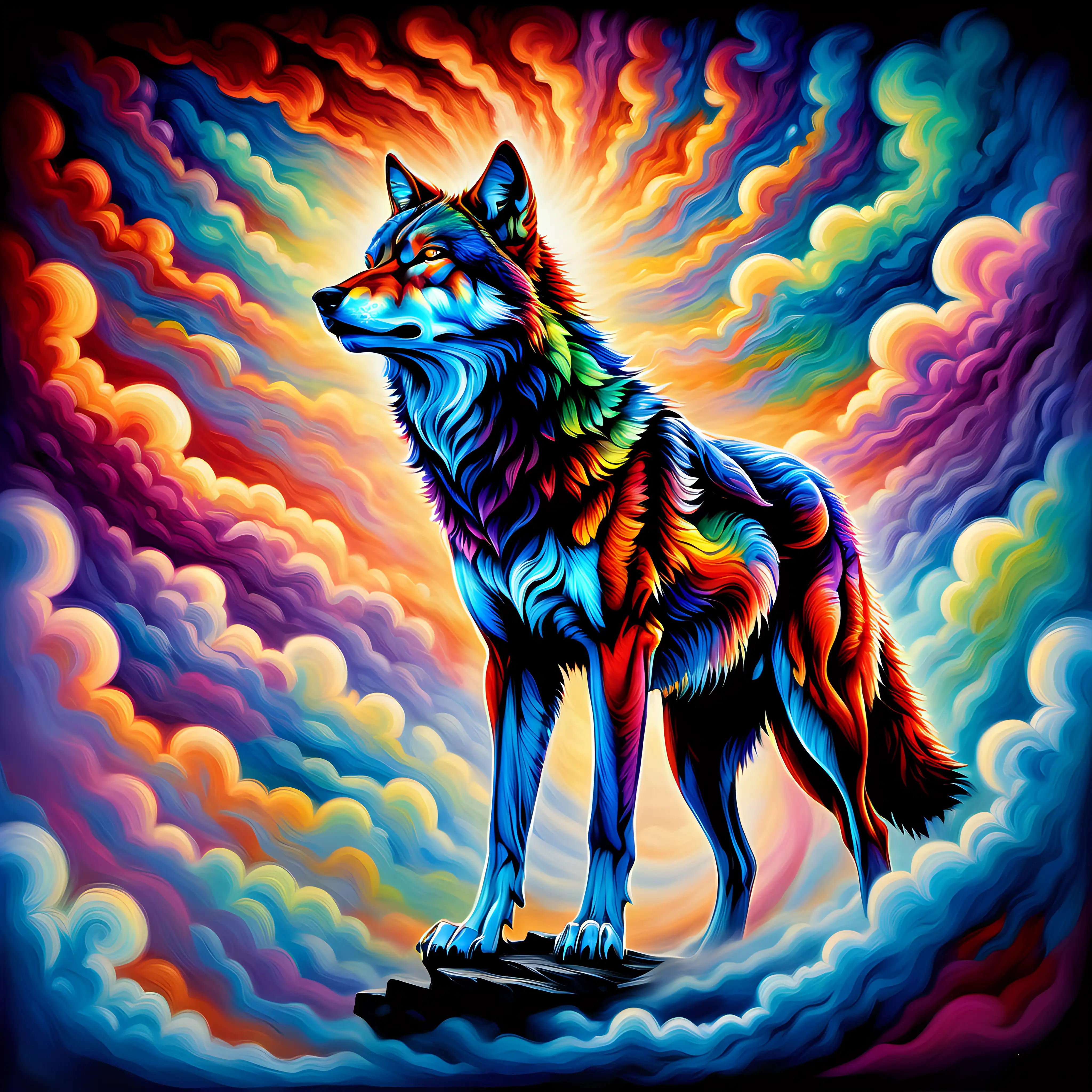Imagine a breathtaking scene where a vibrant, multi-hued wolf emerges from a canvas of swirling, iridescent clouds. The wolf's form is vividly painted with a palette of vibrant colors, emanating an aura of raw power and strength amidst the ever-shifting, kaleidoscopic clouds that surround it. Capture the essence of this majestic creature as it stands as a symbol of primal force and beauty within the mesmerizing, colorful expanse of the sky.