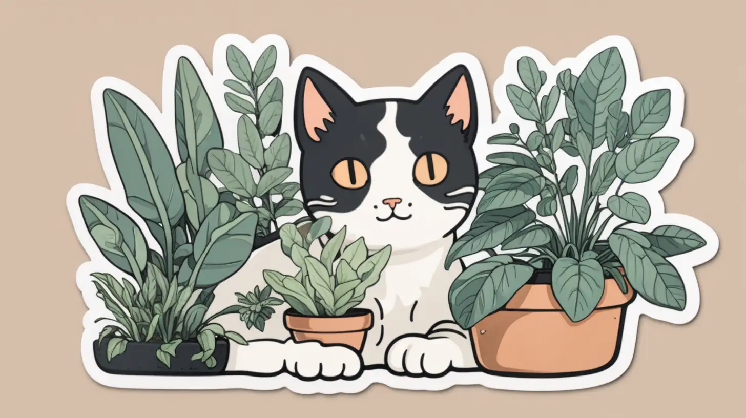 Adorable Cat Surrounded by Lush Greenery Sticker
