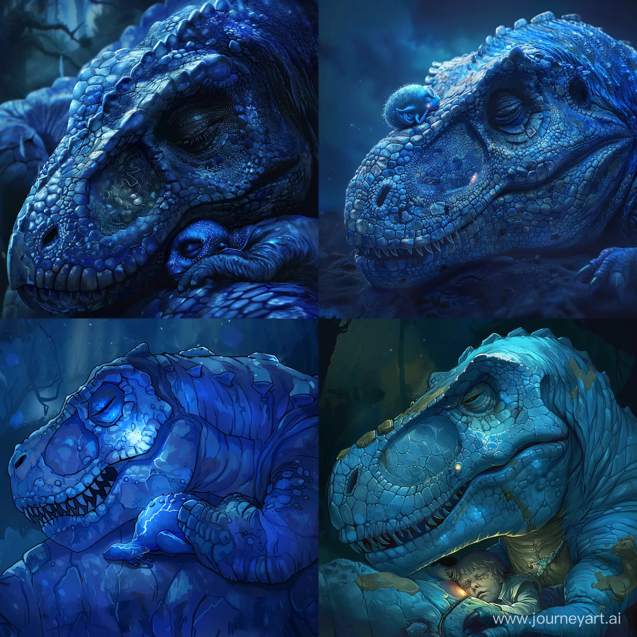 a tiny blue alien sleeping on the giant blue t-rex's chest and hears a heartbeat.