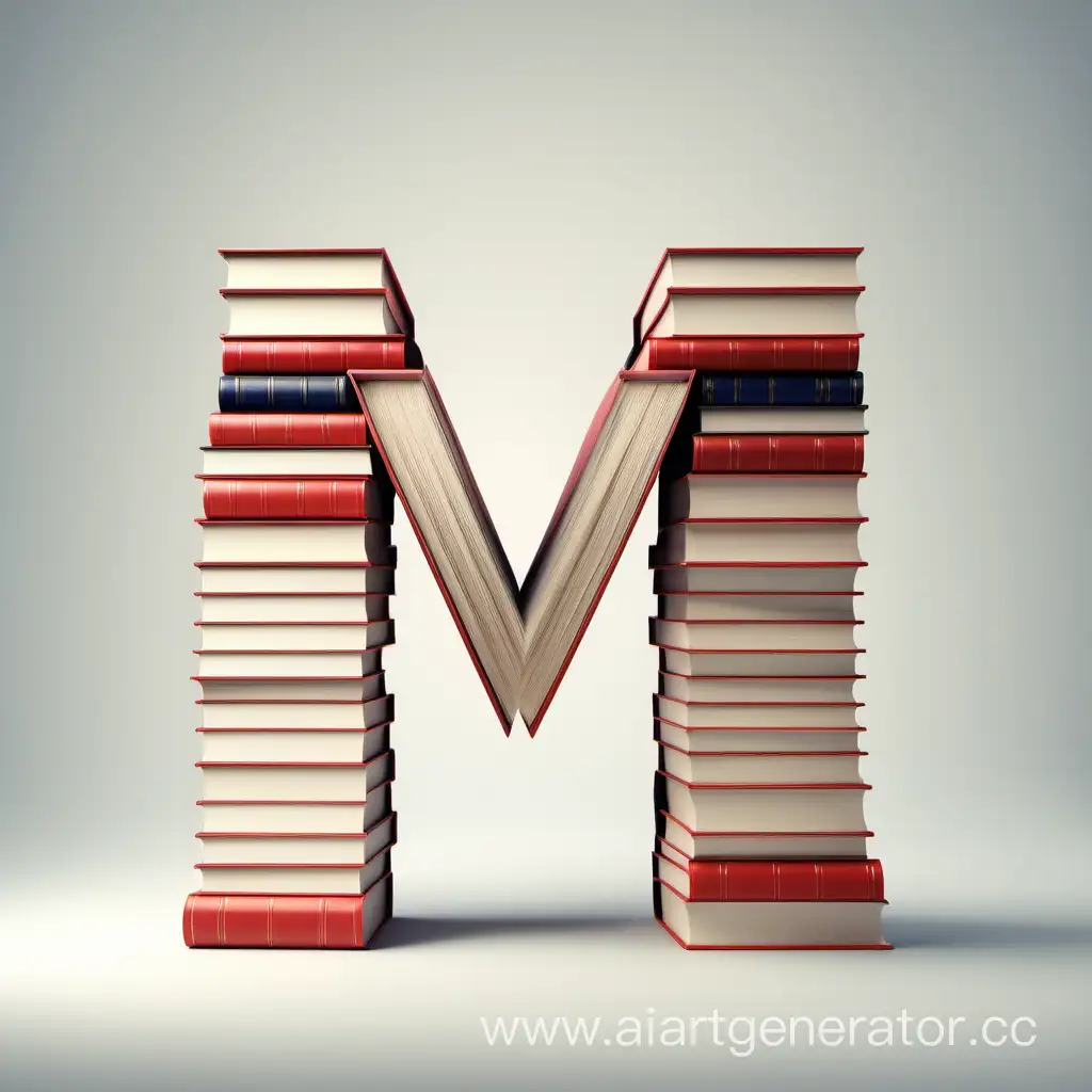  stack of books in the shape of the letters "M" on a light background