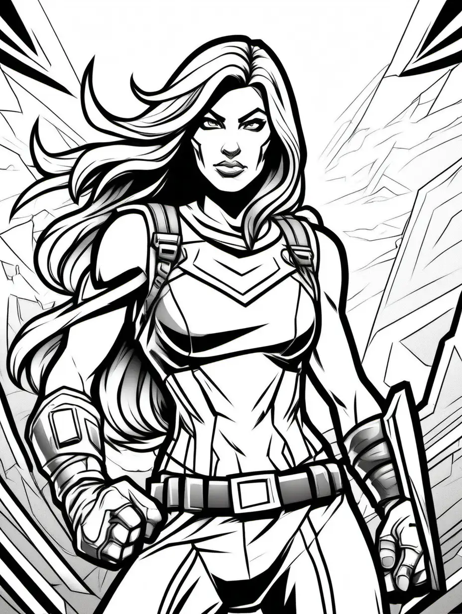 fortnite style superhero in female amazonian style. For coloring book. Thick outlines, black and white, no shading, white background
