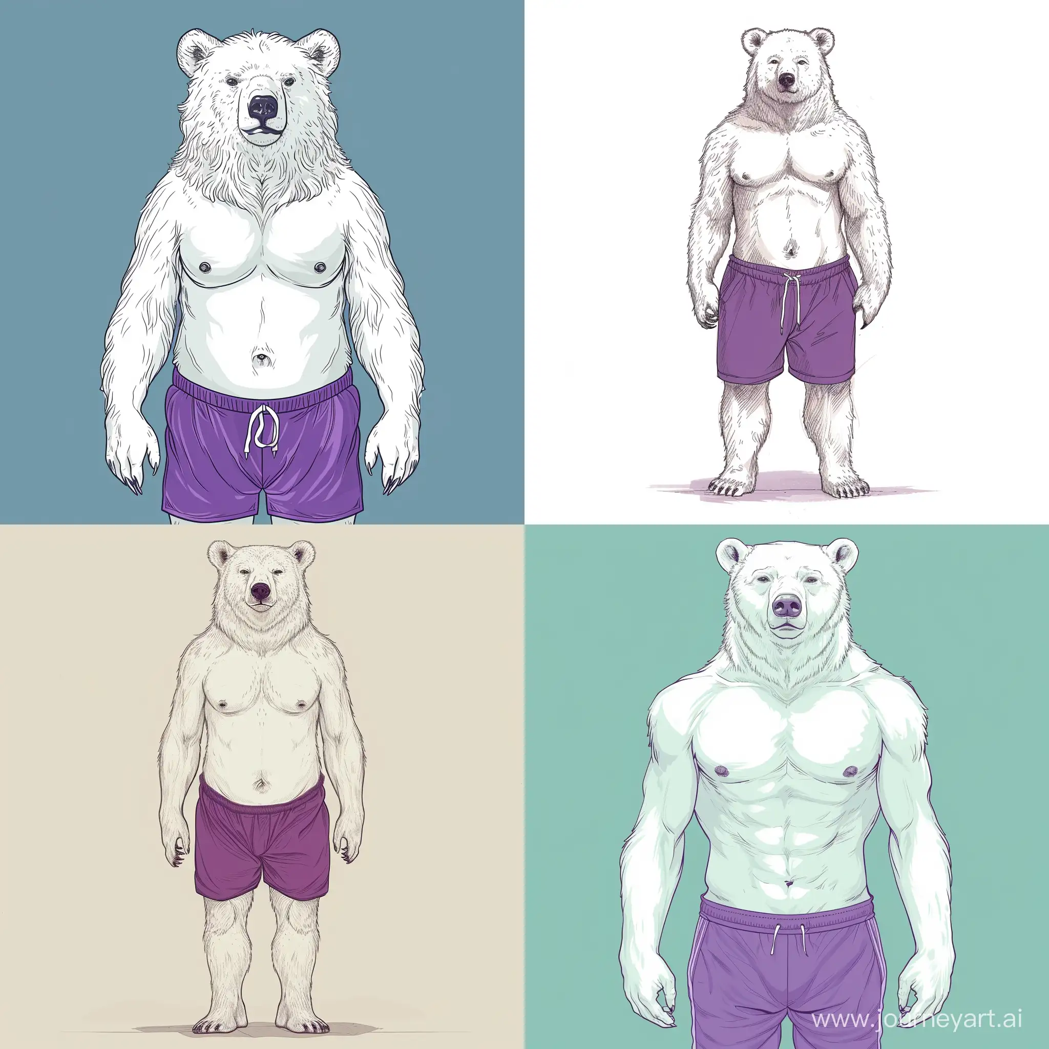 Создайте простого белого мишку без лица(полностью белый медведь без видимого лица) в модных мужских фиолетовых плавках. Медведь должен быть повернут анфасом. Рисунок должен быть простым, на картинке мало деталей- только плавки и сам медведь, для дизайна на одежду