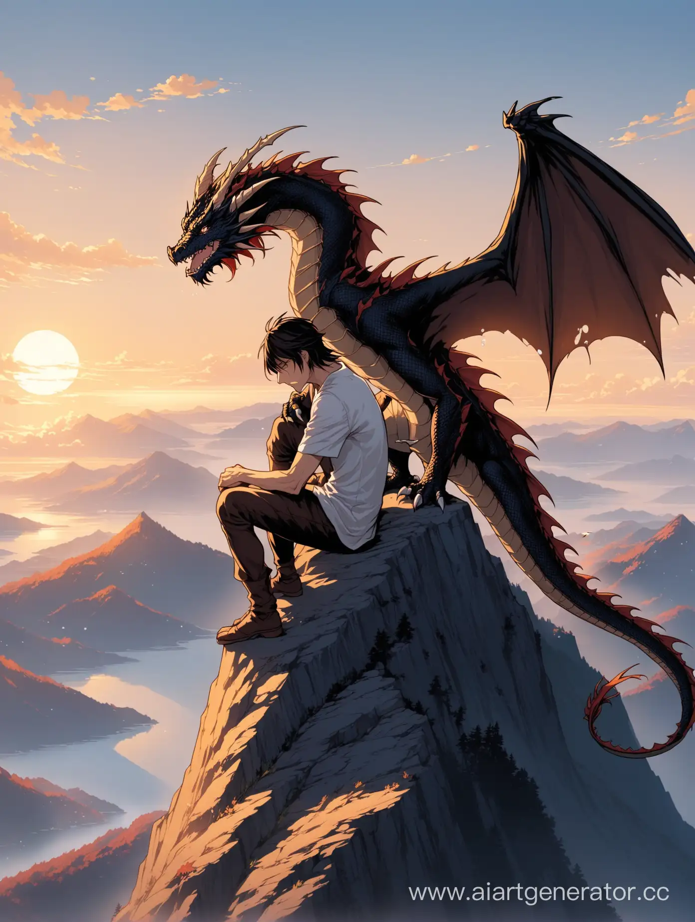 Half-human half-dragon siting on a edge of a mountain crying and holding his shoulder