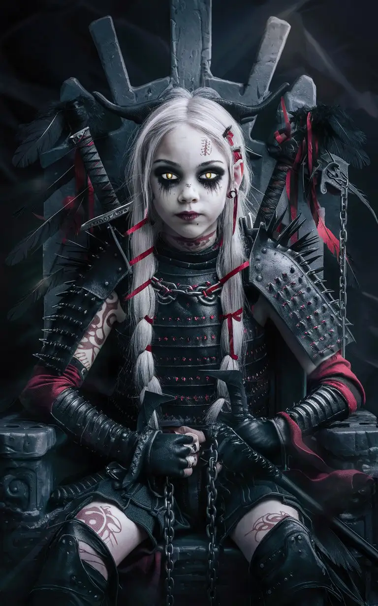 fantasy setting. thin teen female with very long white hair, pale white skin, lots of red tattoos, black glowing eyes and lots of running eye makeup. Wearing black studded leather armor with spikes and black raven feathers and red ribbons. carrying samurai sword and chains. setting on a throne with dark shadows in the background