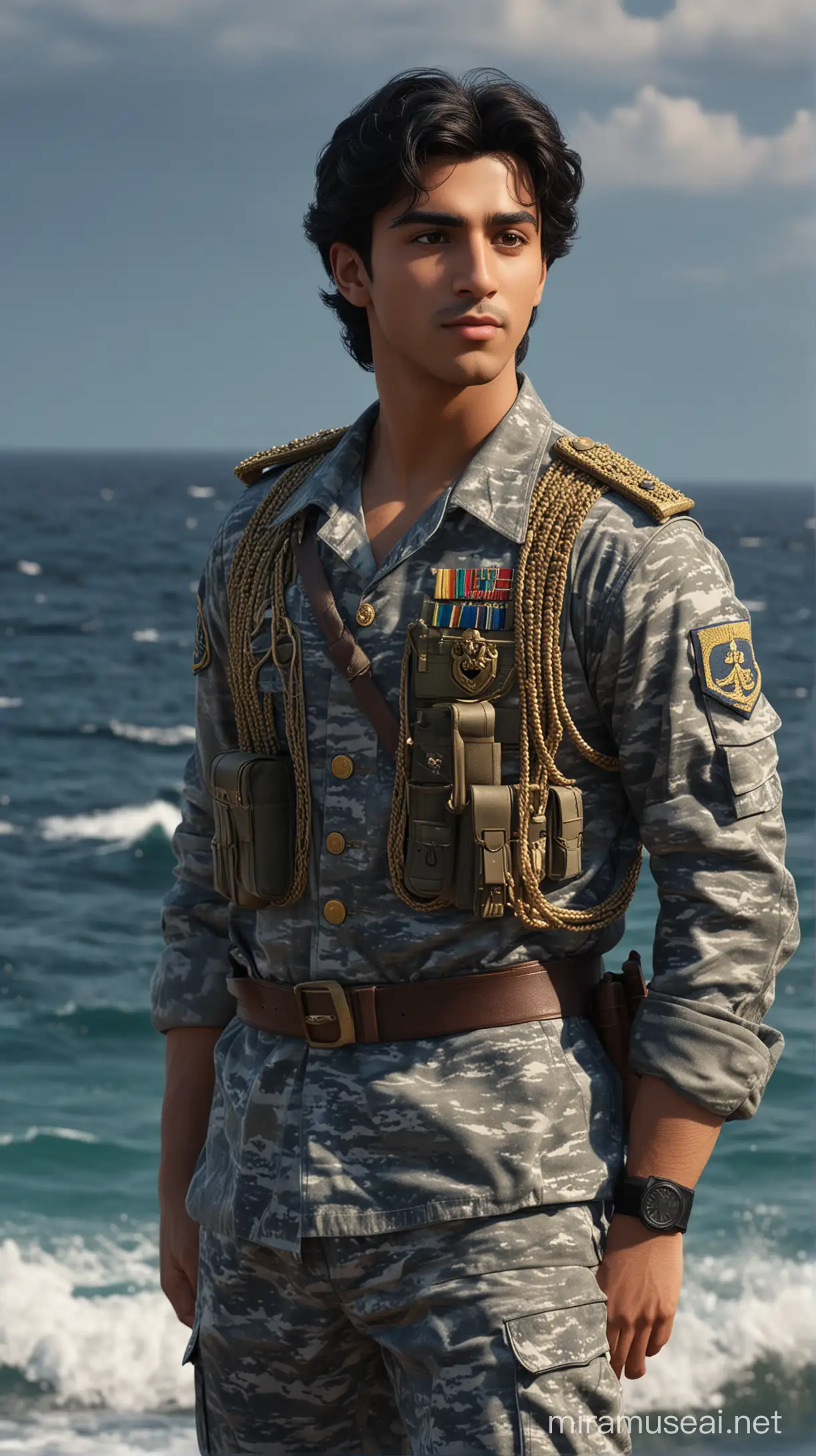 in a sea natural background  military there are disney prince Aladdin is Arabic 21-year-old with long black dark hair and black eyes and muscled and
military camouflage uniform of the navy an face beautiful 8k re solution ultra-realistic