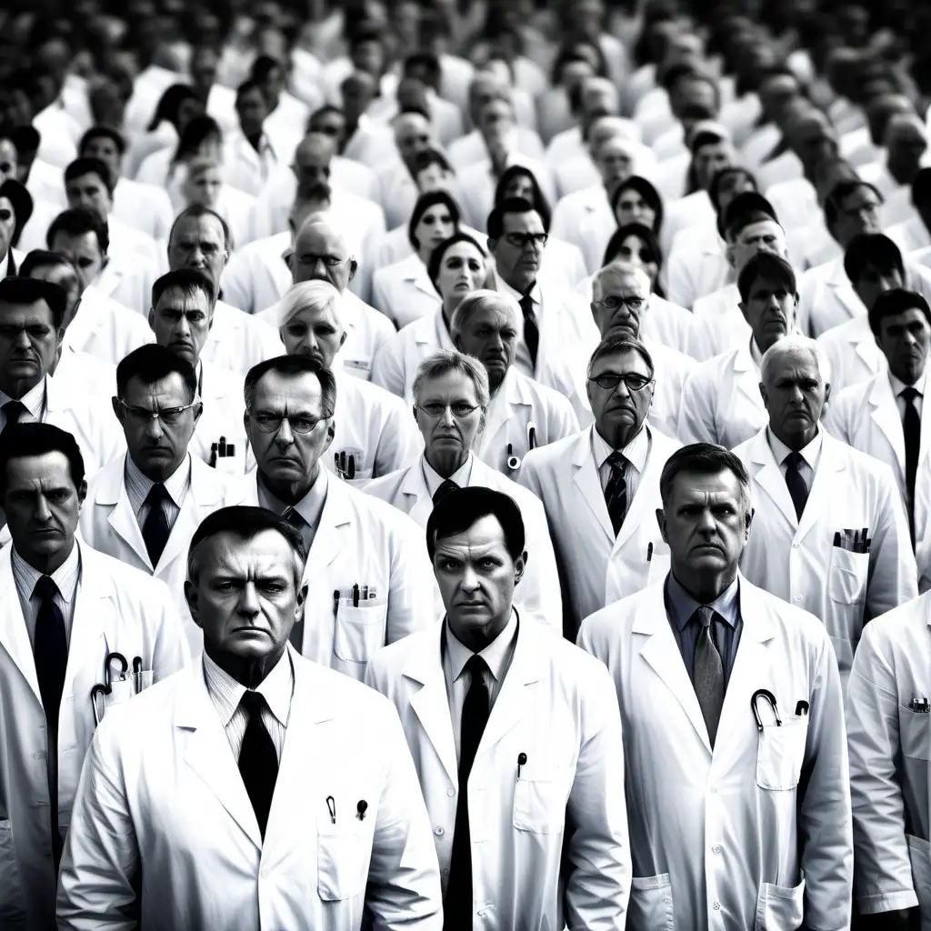 Authoritarian Doctors in Monochrome Ominous Stern Presence in a Sea of Conformity