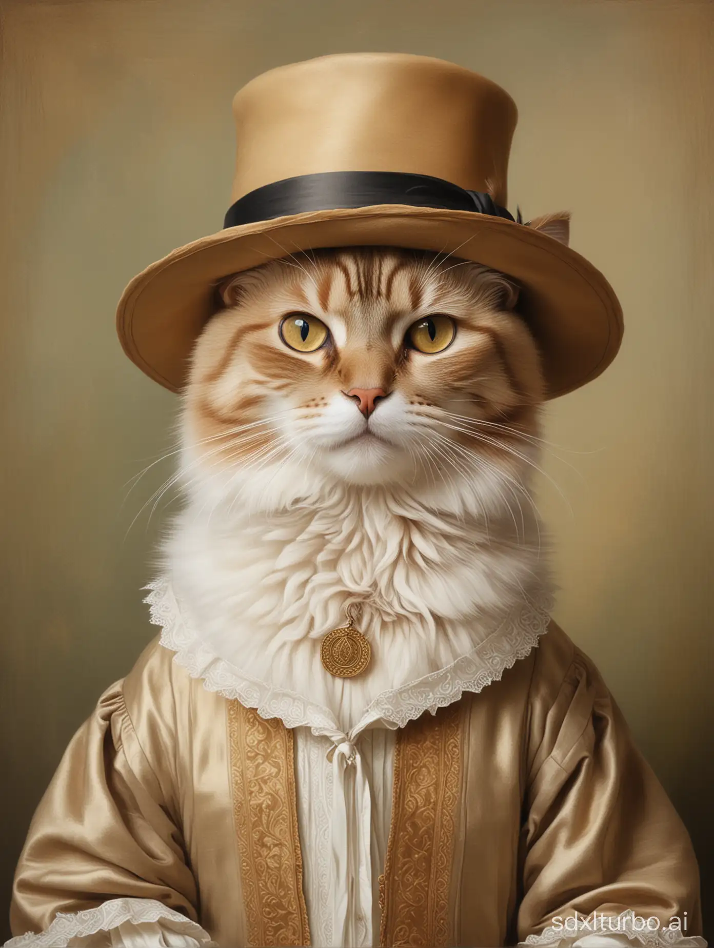 a oil painting of a cat in elegant clothes and wearing a elegant hat,in the style of Leonardo da Vinci 