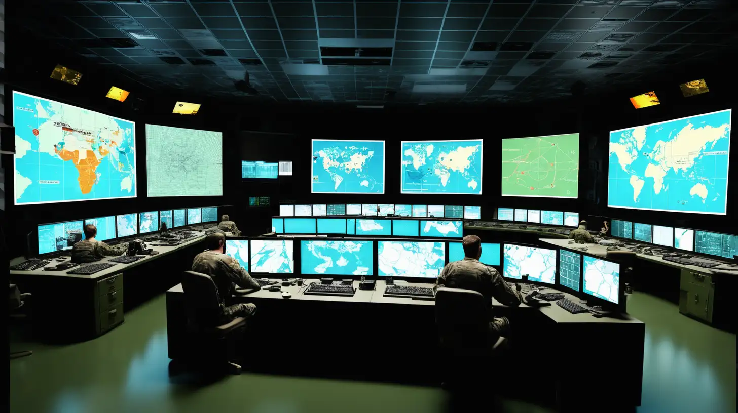 Military Operation Control Room with Large TV Screens