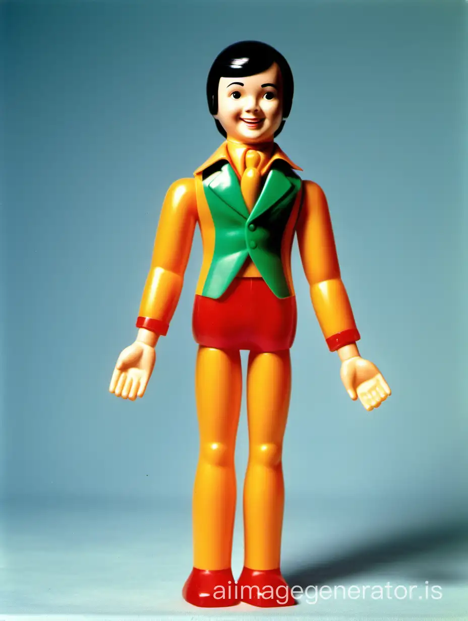 Color photo of 1970s bendable toy figure in plastic packaging, advertising photo