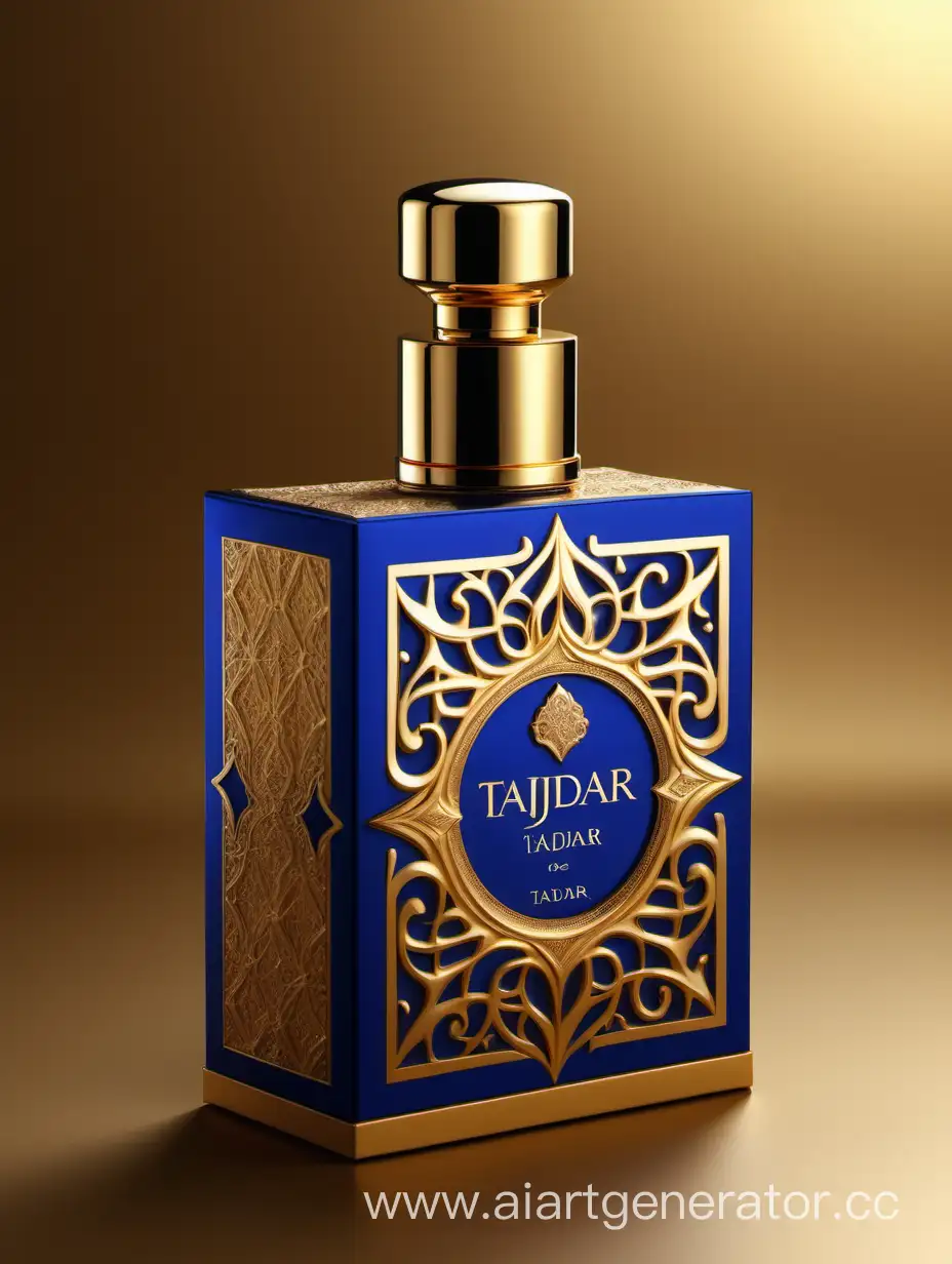 Luxurious-TAJDAR-Perfume-Box-Design-in-Gold-Royal-Blue-and-Beige