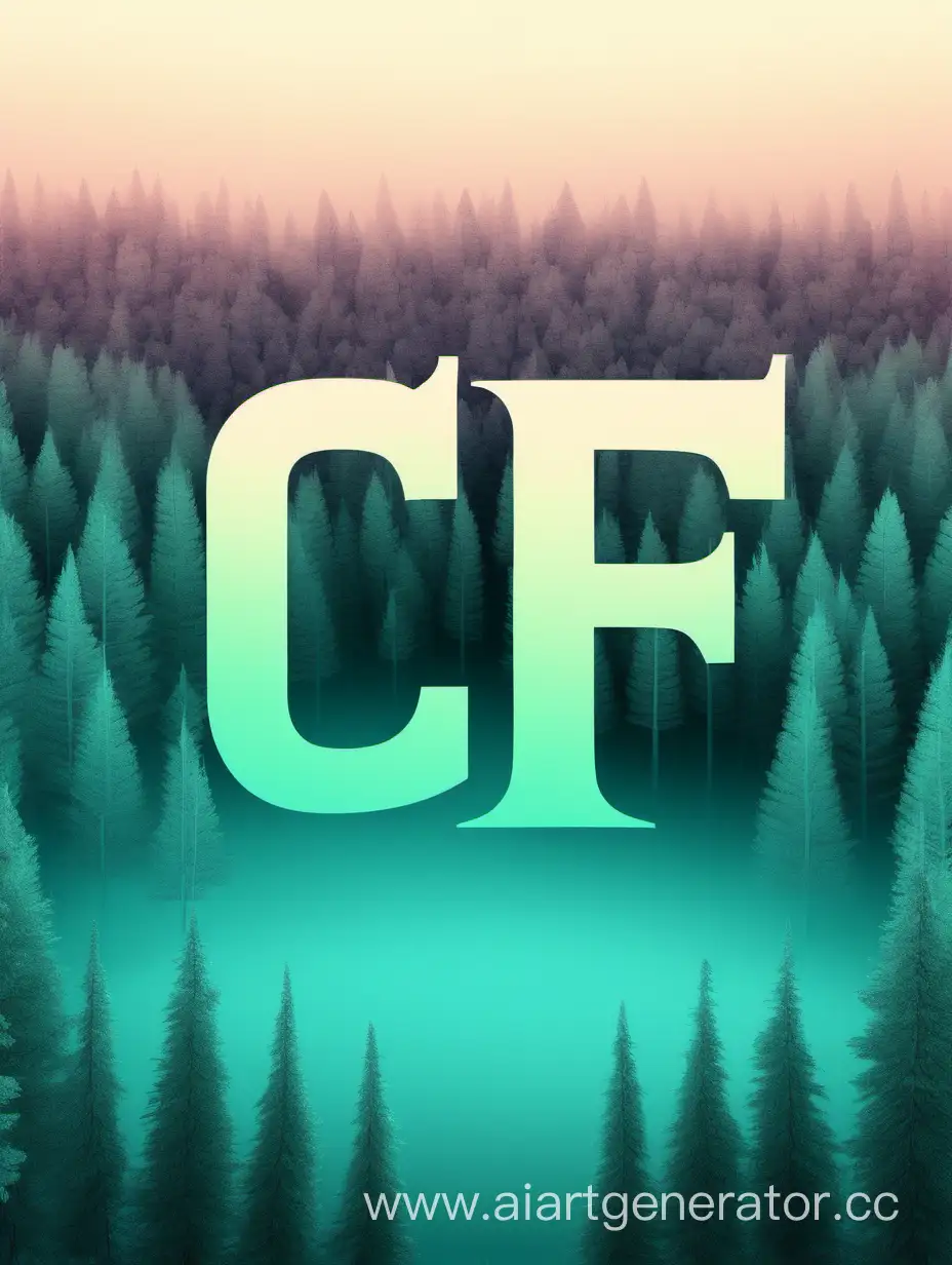 буквы CF, градиент, на фоне леса. Лес должен быть цвета аквамарин