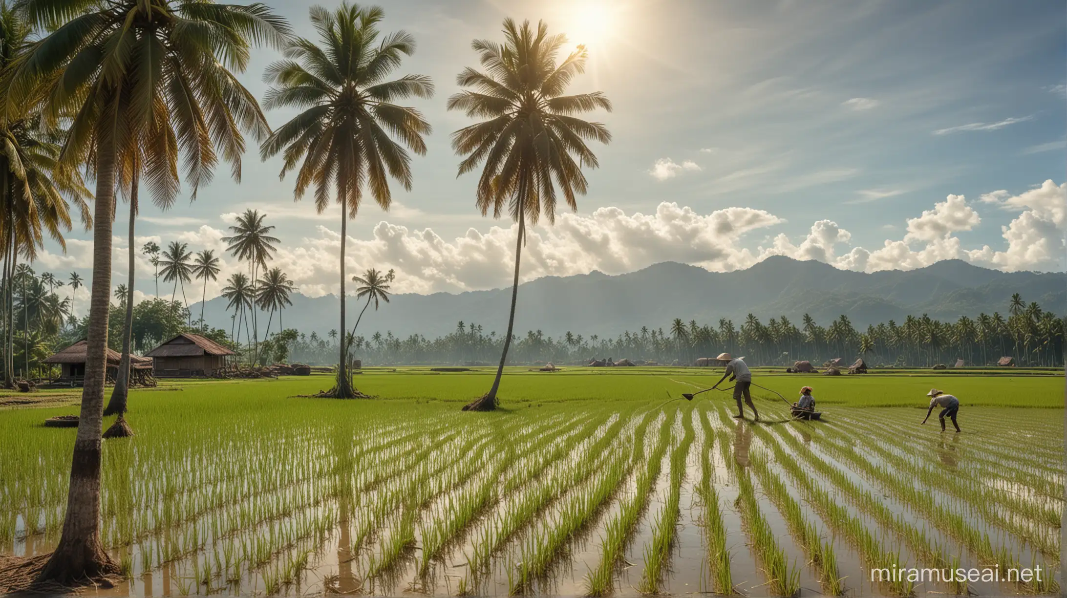 seorang petani Indonesia sedang menanam padi. Mereka dengan lincah nya menanam padi dan  pohon kelapa yang menjulang tinggi menambah indahnya pemandangan dan panas matahari yang sangat cerah, realistis ultra HDR extreme 