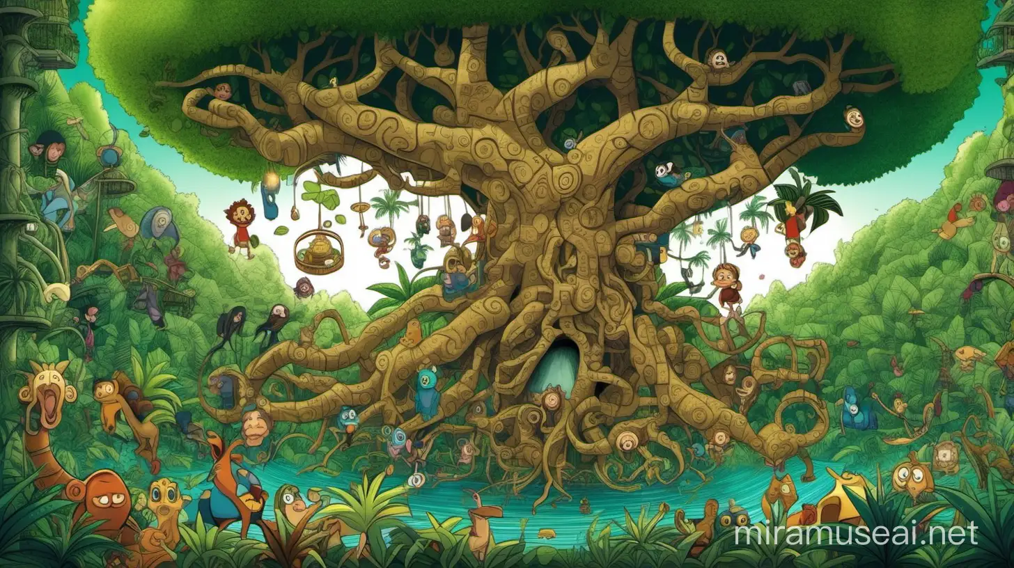 Wide shot of a tree of life in a dense jungle in cartoon form
