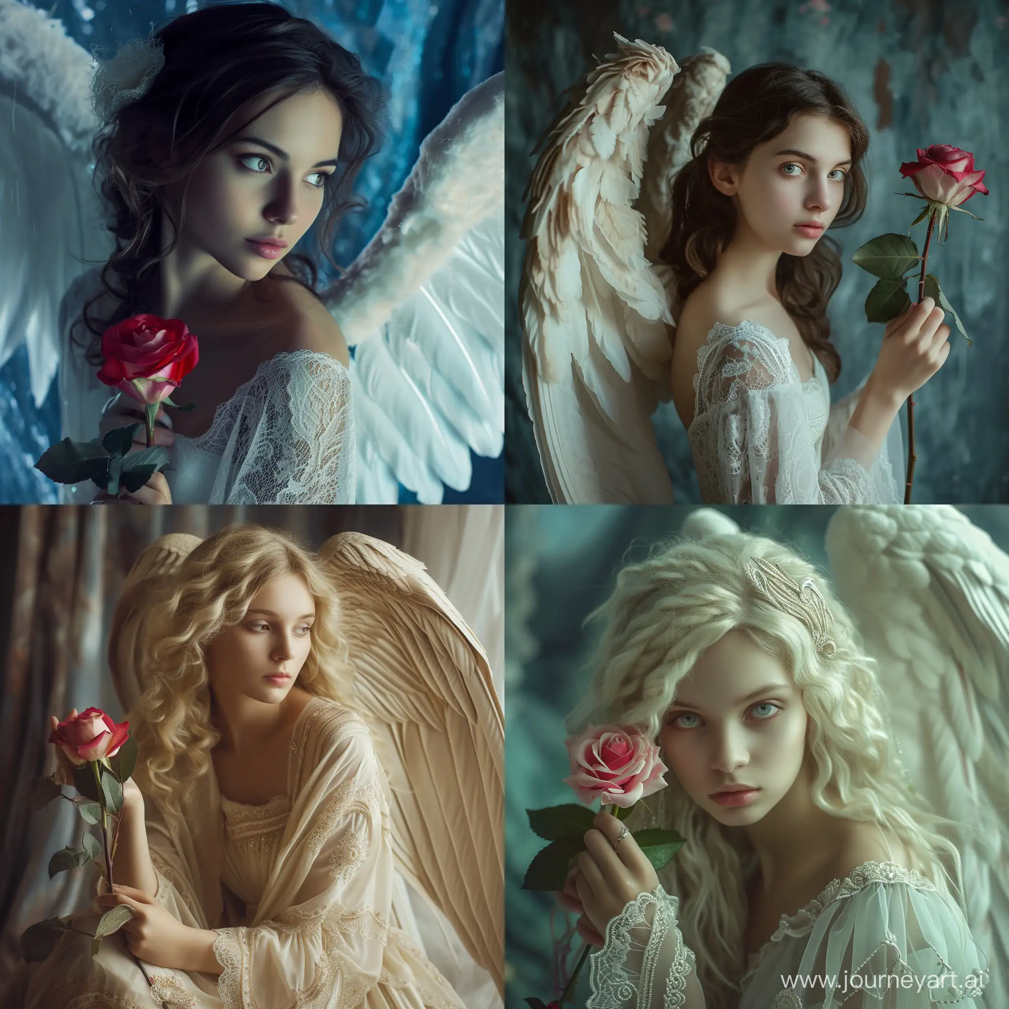 generate a 20 years old angel image with holding a rose in hand , portrait 